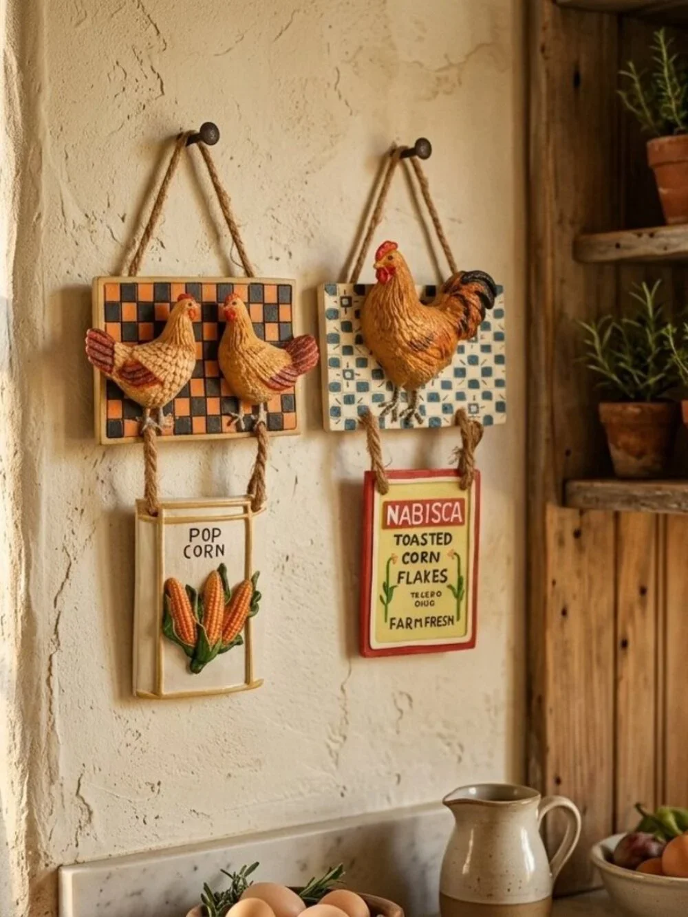 Vintage Nabisco Corn Flakes & Popcorn Hanging Chicken Decor Set - 2 Pcs